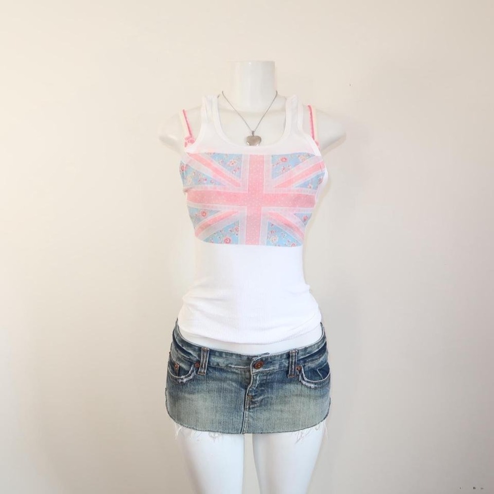 y2k union jack floral graphic tank top ribbed fitted cami - Picture 5 of 7